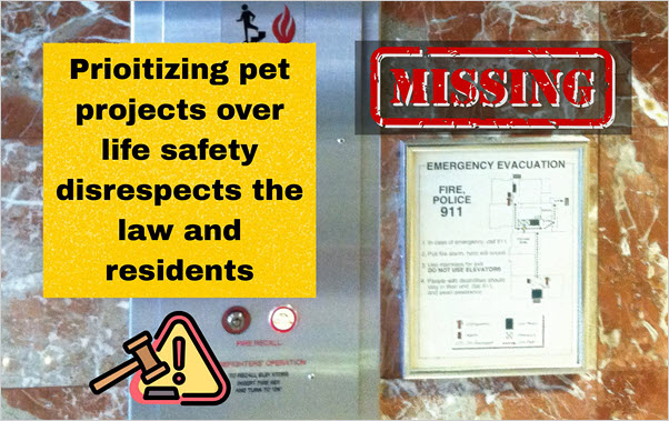 Gateview lobby showing the previous evacuation maps near elevator buttons, which have been missing for several years.