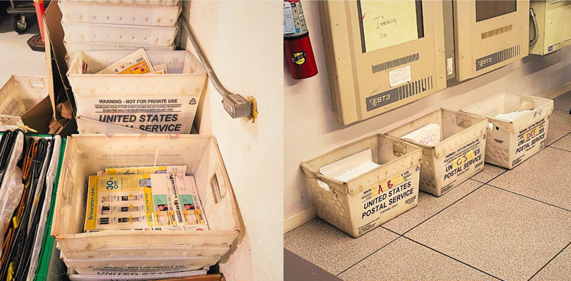 Two photos showing large junk mail cartons; one has newspaper flyers and the other has election ballots.