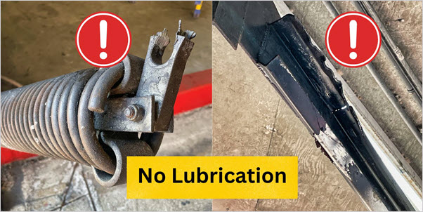 Photos of the recently broken G2 garage exit spring, and a bent gate track.