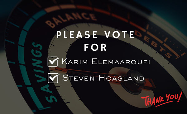 An old analog style savings meter showing the needle in best savings range, which asks members to vote for Karim Elemaaroufi and Steven Hoagland. 