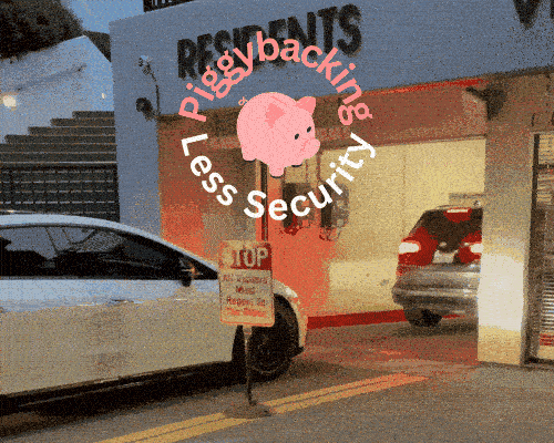 Gif showing cars piggybacking through garage entrance roll-up gate, reducing security. 