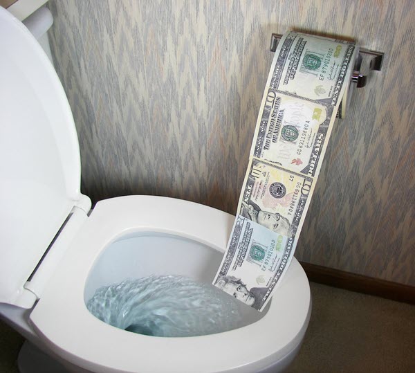 Flushing toilet with a nearby toilet paper roll, which is unrolling $10 bills into the toilet.