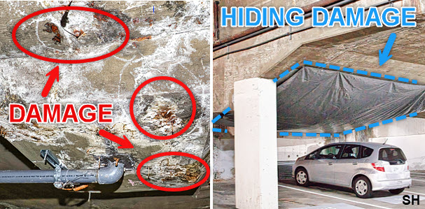 Two side-by-side pictures of damage under the pool and a tarp hiding it.