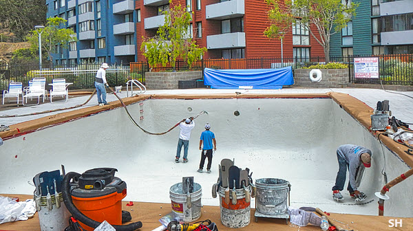Pool shell being replastered in 2015.
