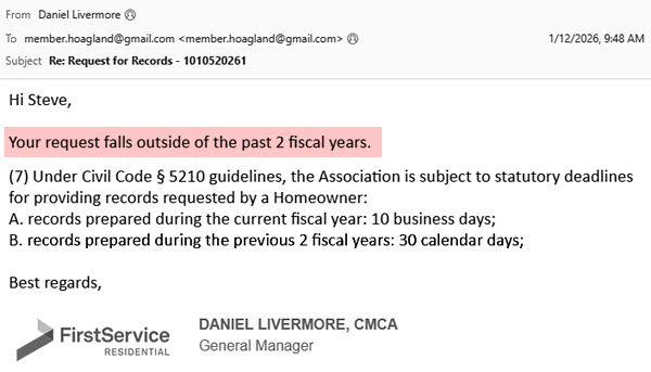 Manager email showing denial of documents which violate Davis-Stirling law and the Bylaws.