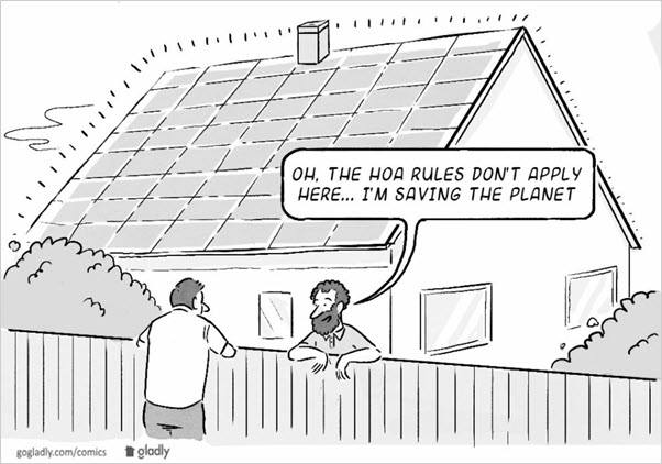 HOA cartoon with a man leaning over a backyard fence saying 