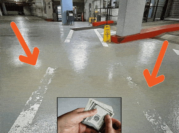 Gif showing Gateview garage with a hand counting money and arrows pointing to poor lane striping.
