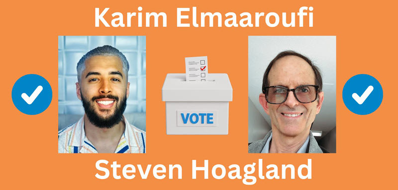 A banner with photos of a ballot box next to Karim and Steven that says vote for them.
