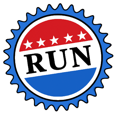 Red, white, and blue run in election emblem.