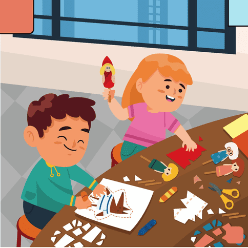 Two children at a table doing crafts. The boy is drawing on paper, while the girl holds a cutout rocket. Various craft materials are scattered on the table.