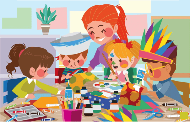 Children doing arts and crafts with a smiling teacher. They use paint, glue, and wear colorful hats indoors.