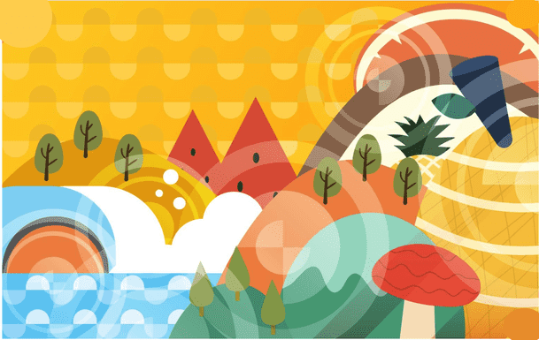 Colorful abstract landscape with trees, mountains, ocean waves, a mushroom, and geometric shapes. Bright orange sky and various patterns create a whimsical scene.