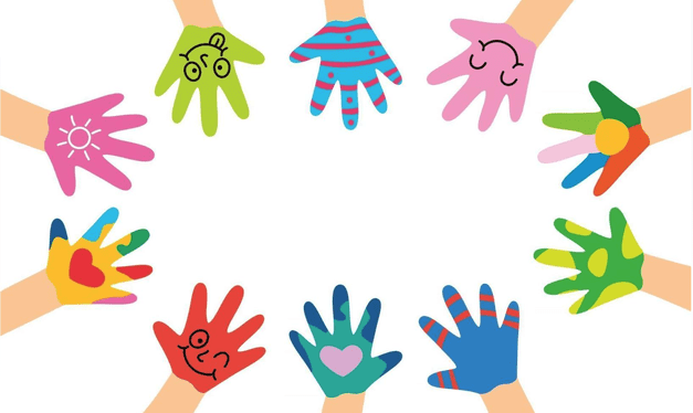 Illustration of twelve colorful hands forming a circle, each hand with unique designs and patterns, including stripes, hearts, and faces.
