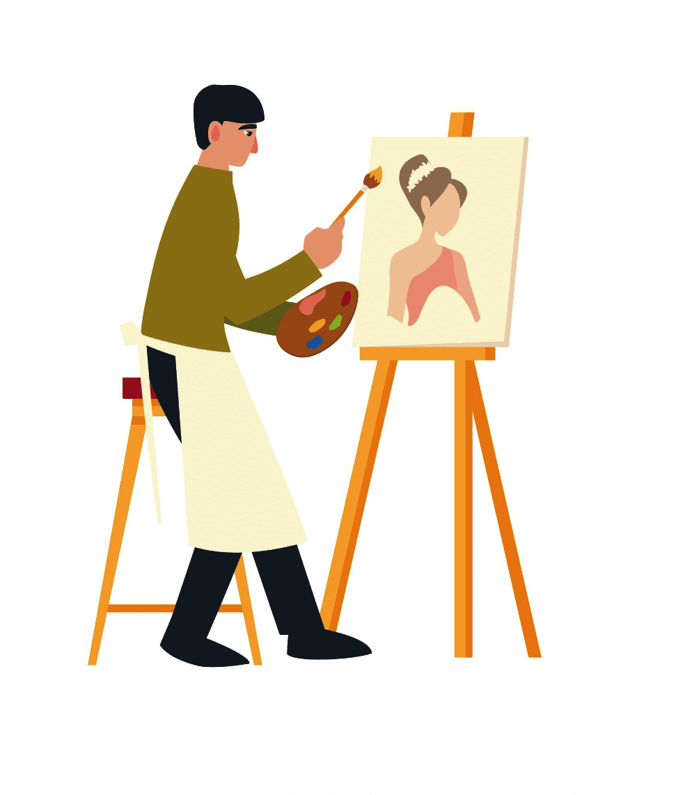 Illustration of an artist painting a portrait of a woman on a canvas. The artist holds a palette and brush, standing at an easel.