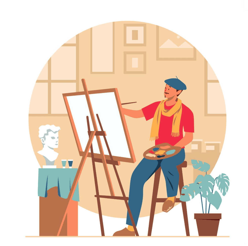 An artist sits on a stool painting on an easel. A bust and two small cups are on a table beside him, with a potted plant nearby. He wears a beret and scarf.