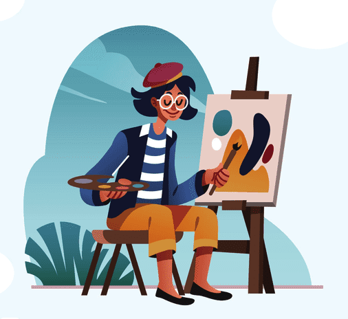 Illustration of a person in a beret painting an abstract design on a canvas, sitting on a stool outdoors with a palette and brush.