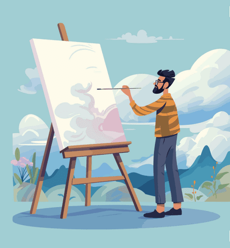 Illustration of a person painting on a large canvas outdoors, surrounded by a scenic landscape with mountains and clouds.