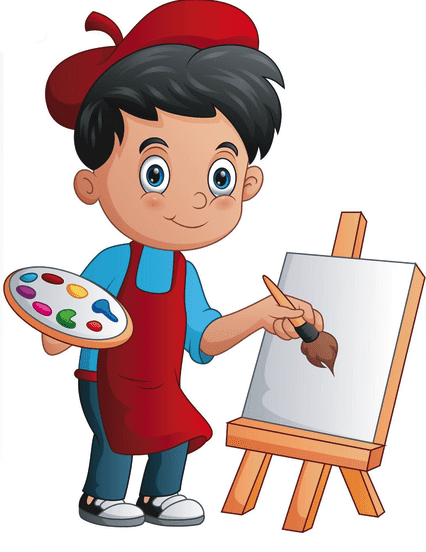 Cartoon boy wearing a red beret and apron, holding a paint palette and brush, painting on a blank canvas on an easel.