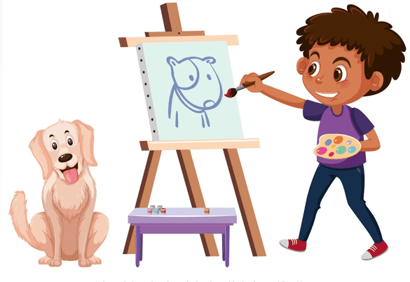 A child paints a dog on a canvas held by an easel, using a paintbrush and palette. A real dog sits nearby, while paint jars rest on a small bench.