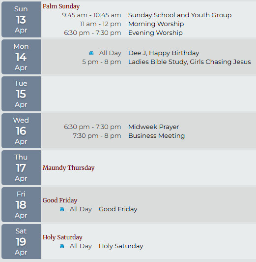 This weeks calendar